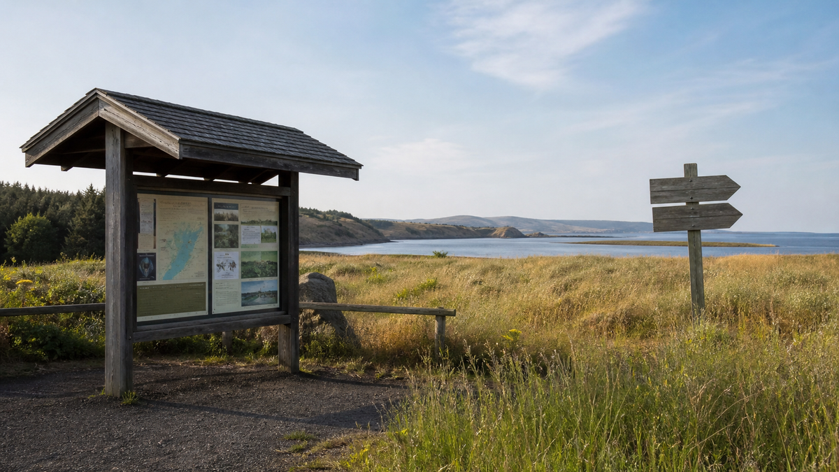 Traveler checking local information at a coastal visitor kiosk
